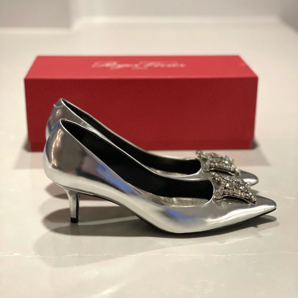 Roger Vivier Flower Strass Buckle Silver Embellished Kitten Heels - Picture 5 of 11